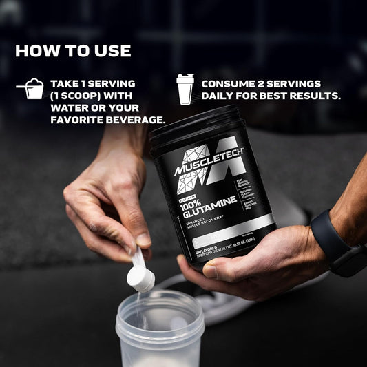Muscletech 100% L-Glutamine Powder For Enhanced Muscle Recovery - Pure L Glutamine Muscle Growth Builder & Energy Boosting Nutritional Supplement For Men & Women - Unflavored, 60 Servings