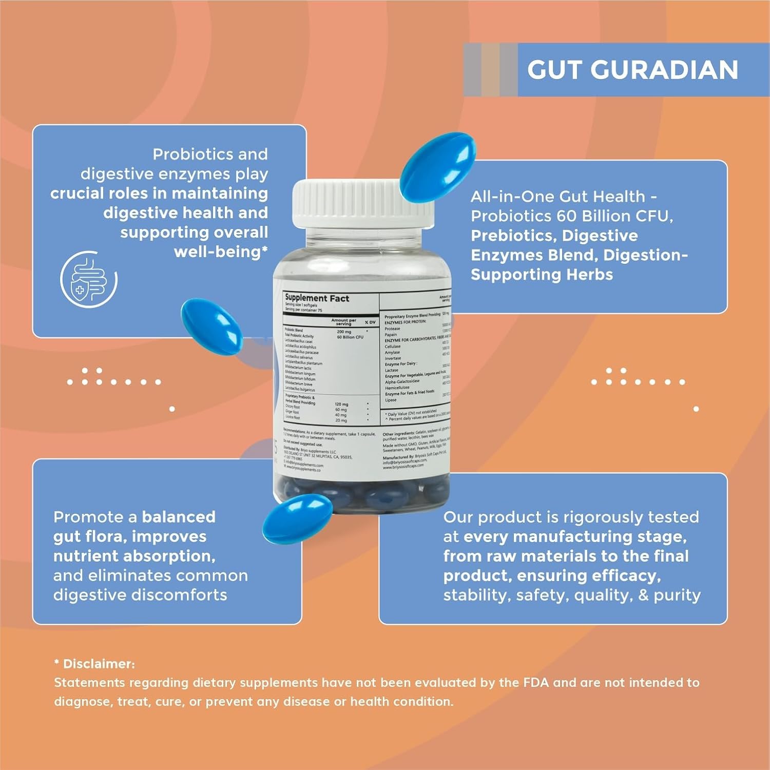 Briyo Gut Guardian Gut Health Support - 60 Billion Cfu Probiotics, Prebiotics, Digestive Enzymes, And Herbs For Digestion & Immune Health - Relieves Constipation, Diarrhea, Gas & Bloating : Health & Household