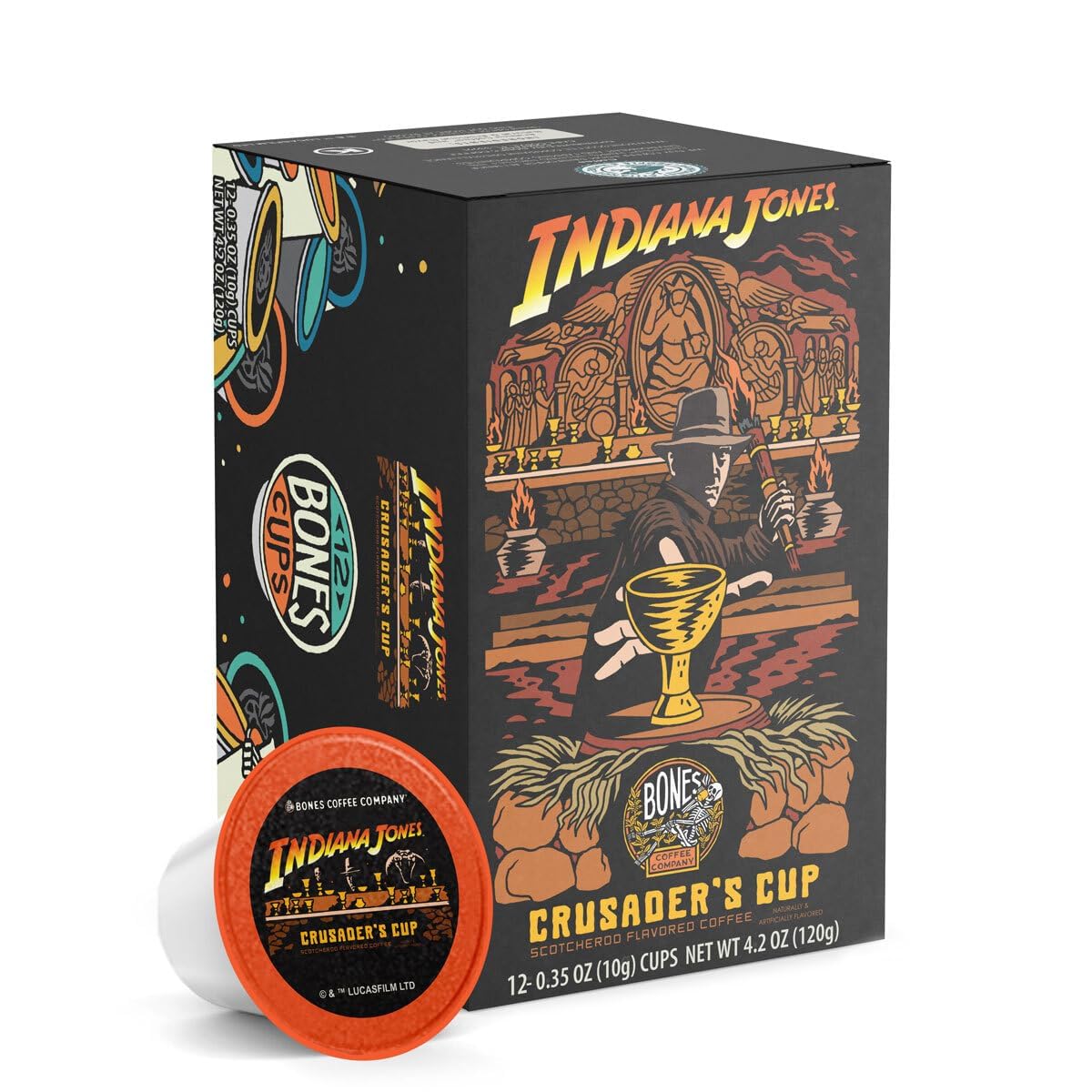Bones Coffee Company Flavored Coffee Bones Cups Crusader's Cup Flavored Pods | 12ct Single-Serve Coffee Pods Inspired by Indiana Jones