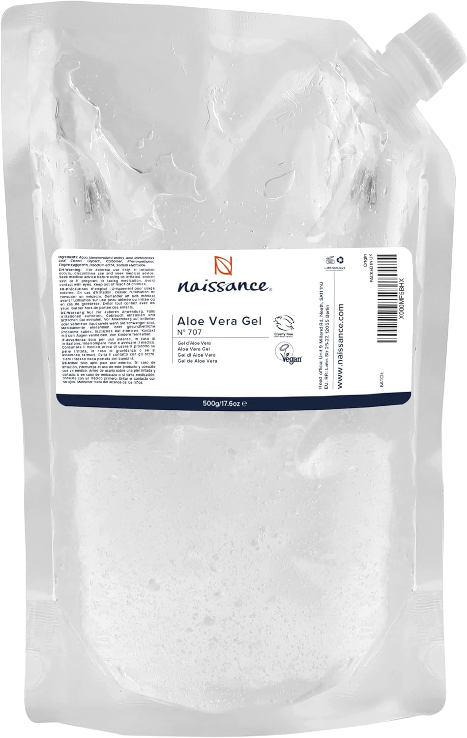 Naissance Aloe Vera Gel (No. 707) 500g ECO Refill Pouch - Cooling, Soothing and Moisturising, Aftersun, For All Skin Types, Face, Body and Hair - Cruelty Free and Vegan