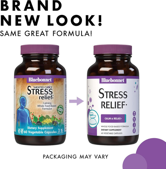 Bluebonnet Nutrition Stress Relief, Calm & Relax*, Calming Whole Food-Based Formula, Non-Gmo, Vegan, Kosher-Certified, Gluten-Free, Soy-Free, Dairy-Free, 30 Vegetable Capsules, 30 Servings