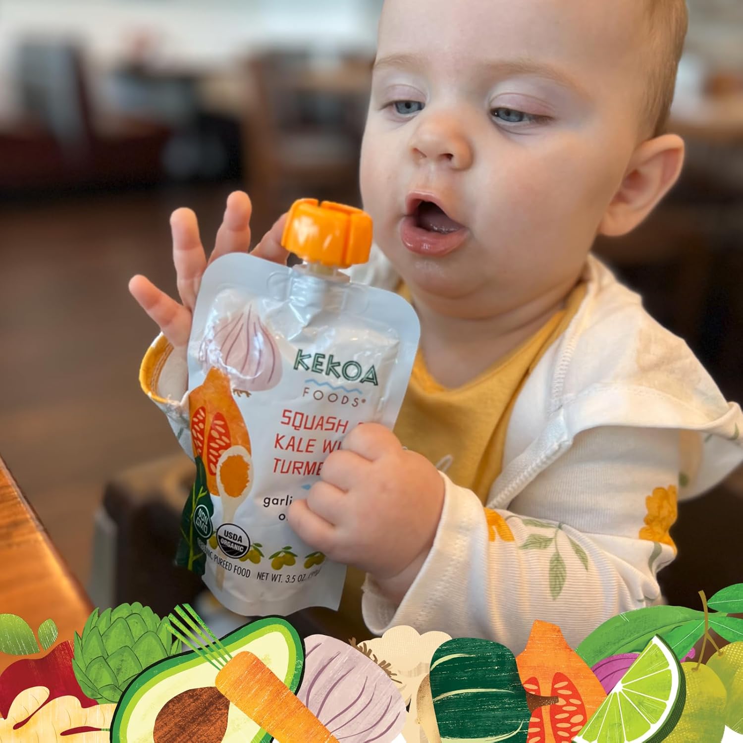 Kekoa Foods Squash & Kale With Turmeric Baby Food Purée | 100% Usda Certified-Organic Vegetarian Squeeze Pouch | Organic, Non-Gmo, Gluten-Free, Vegan | Flavorful & Nutritious First Food For Babies | 3.5 Oz