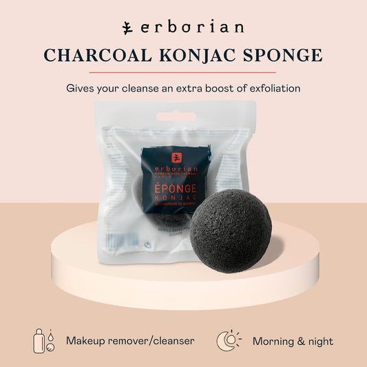 Erborian Charcoal Konjac Facial Sponge - Natural Great For Sensitive, Oily And Acne Prone Skin - Korean Beauty Bath Scrub For Deep Cleansing And Exfoliation - For All Skin Types - Korean Skincare