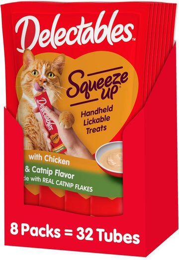 Hartz Delectables Squeeze Up Interactive Lickable Wet Cat Treats For Adult & Senior Cats, Chicken With Catnip, 32 Count