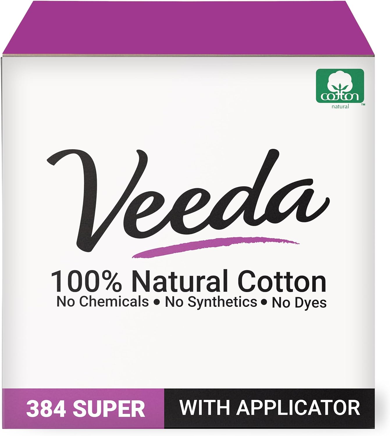 Veeda 100% Natural Cotton Compact BPA-Free Applicator Tampons Chlorine , Toxin and Pesticide Free, Super, 24 Packs of 16 Count Each