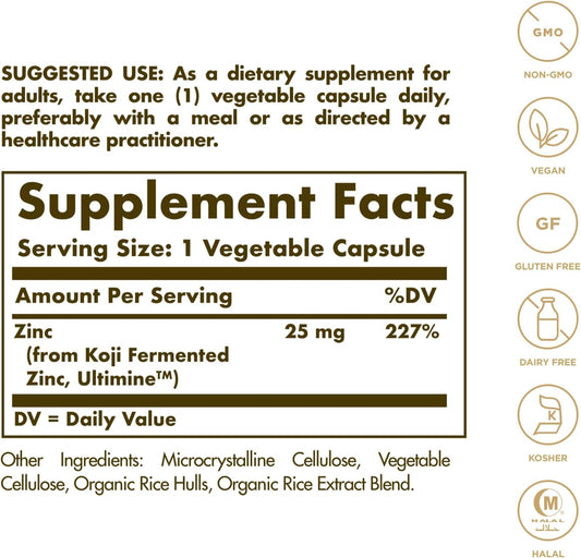 Solgar Earth Source Food Fermented Koji Zinc 25Mg, 60 Vegetable Capsules - Higher-Absorption, Bioavailable Zinc For Immune & Skin Health - Non-Gmo, Vegan, Gluten No, Dairy No, Kosher - 60 Servings