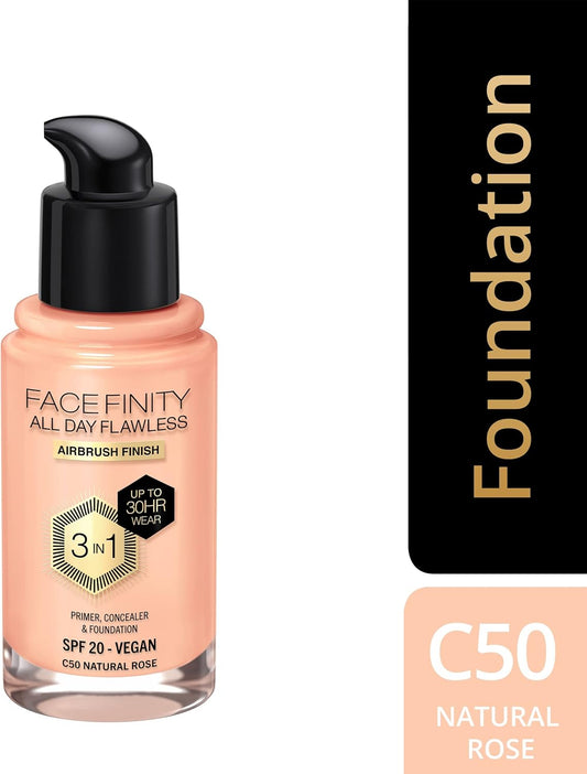 Max Factor - Facefinity All Day Flawless Foundation - 3-In-1 Concealer, Liquid Foundation & Face Primer - Up To 30Hr Wear - Flawless Airbrush Finish, Spf 20, Vegan - C50 Natural Rose - 30Ml