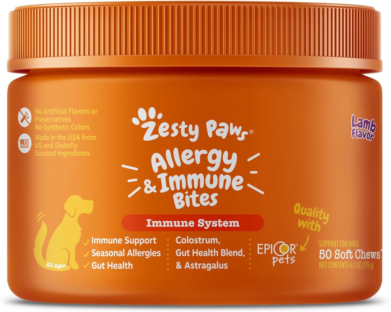 Zesty Paws Dog Allergy Relief - Anti Itch Supplement - Omega 3 Probiotics For Dogs - Digestive Health - Soft Chews For Skin & Seasonal Allergies - With Epicor Pets - Lamb - 50 Count