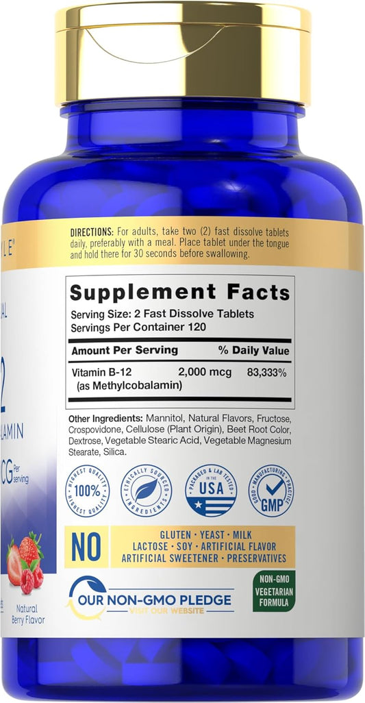 Carlyle Vitamin B-12 | 2000Mcg | 240 Fast Dissolve Tablets | Methylcobalamin | Natural Berry Flavor | Vegetarian, Non-Gmo & Gluten Free Sublingual Supplement