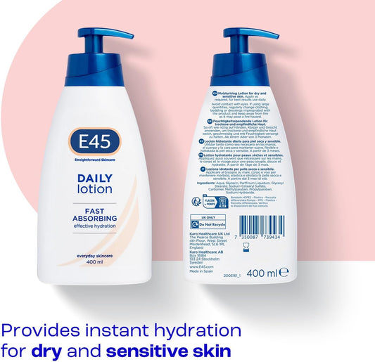 E45 Daily Skin Lotion 400 ml – E45 Lotion for Very Dry Skin – Non-Greasy Lightweight Moisturiser - Perfume-Free Body Face Hand Cream - Dermatologically Tested