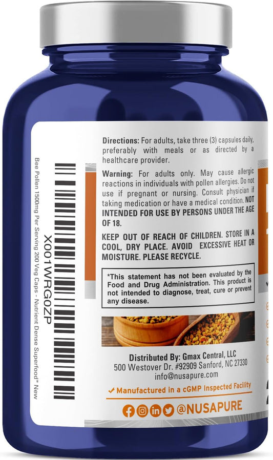 Nusapure Bee Pollen 1500Mg 200 Veggie Caps (100% Vegetarian, Non-Gmo, Gluten Free) Naturally Occurring Proteins, Aminoacids