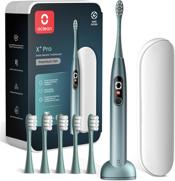 Oclean Sonic Electric Toothbrush Adults X Series Pro Travel Set, Smart Touchscreen, 3 Modes, 84000 Vpm, Lasts 30 Days, 2 In 1 Magnetic Charger Wall-Mount, 6 Replacement Heads & Travel Case - Green