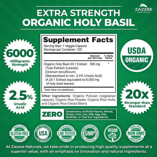 Zazzee Usda Organic Holy Basil 20:1 Extract, 6000 Mg Strength, 2.5% Ursolic Acid, 120 Vegan Capsules, 4 Month Supply, Concentrated And Standardized 20X Tulsi Extract, 100% Certified Organic, Non-Gmo