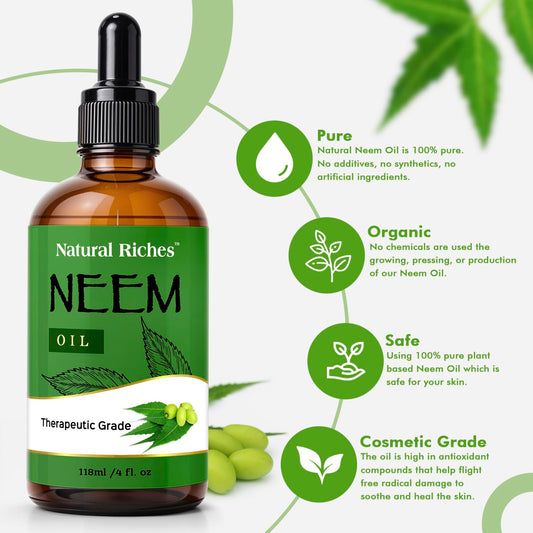 Natural Riches Neem Oil For Skin Care Cold Pressed, 100% Pure. Great For Hair Care, Skin, Nails, Acne Anti-Aging Moisturizer - You Can Also Use It On Plants. 4 Fl. Oz