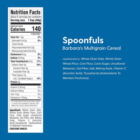 Barbara's Multigrain Spoonfuls Cereal, Heart Healthy, Non-GMO, 14 Oz Box (Pack of 12)