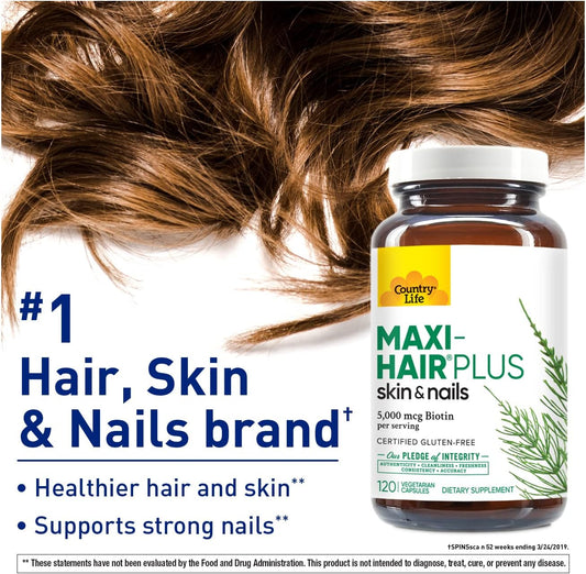 Country Life, Maxi-Hair Plus Biotin, Supports Healthy Hair, Skin And Nails, Daily Supplement, 120 Ct