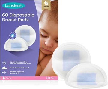 Lansinoh Disposable Breast Pads for nursing breastfeeding mothers, essential for hospital bag, thin super absorbent layers, discreet fit , 60 Count ( Pack of 1)