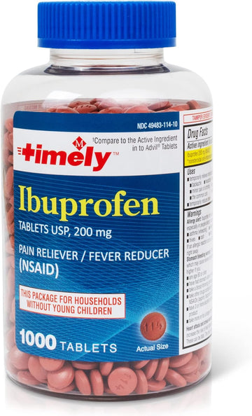 Timely Ibuprofen 200mg 1000 Tablets - Compared to Advil Tablets - Pain Relief Tablets and Fever Reducer - for Headache Relief, Menstrual Pain, Tooth Aches Muscular Aches, Arthritis Pain & Body Aches