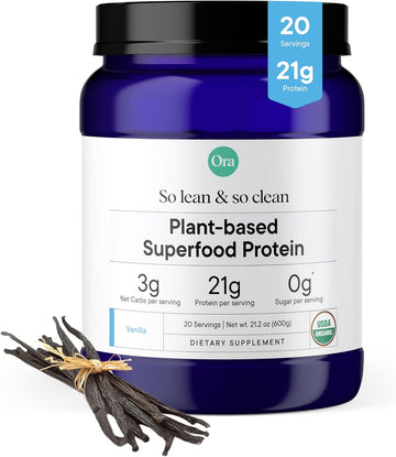 Ora Organic Protein Powder - 21G Plant-Based + Superfood For Women And Men - Vanilla Flavor 20 Servings, Clean Source, Third-Party Tested, Gluten-Free