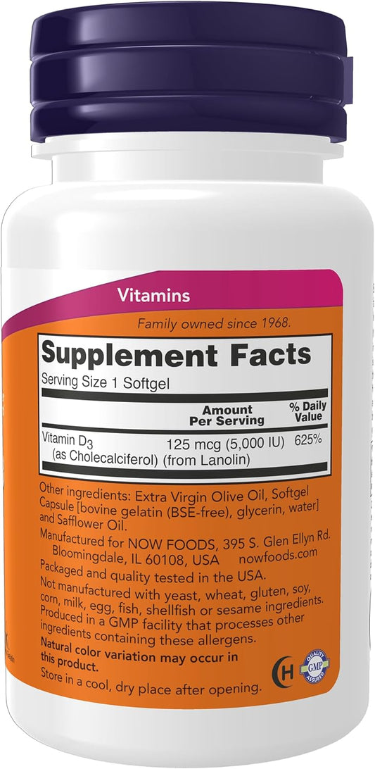 NOW Supplements, Vitamin D-3 5,000 IU, High Potency, Structural Support*, 240 Softgels