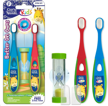 Gurunanda Butter On Gums Toddler Toothbrush With Sand Timer, Extra Soft Bristles For Kids Age 2+, Toothbrush With Tongue Cleaner & Brush Cap (2 Pack)