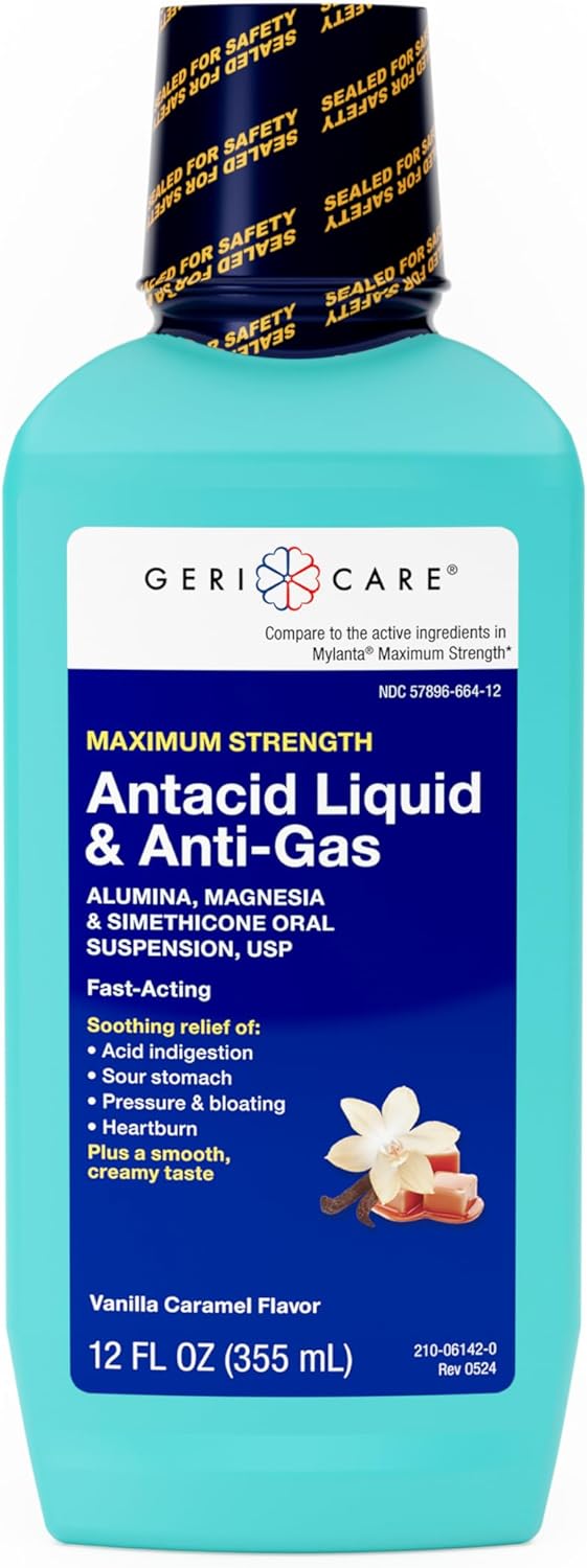 Gericare Antacid Liquid & Anti-Gas Relief, Maximum Strength For Heartburn, Acid Reflux, Sour Stomach, Pressure & Bloating, Acid Indigestion, & Gas, Vanilla Caramel Flavor (2)