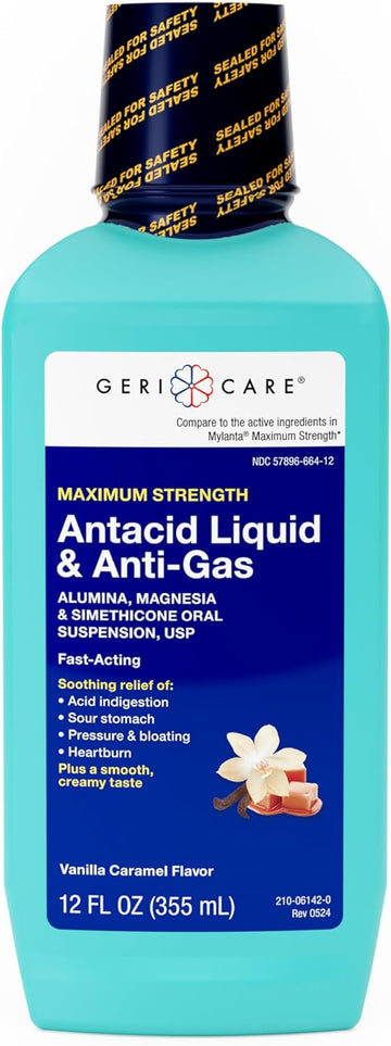 Gericare Antacid Liquid & Anti-Gas Relief, Maximum Strength For Heartburn, Acid Reflux, Sour Stomach, Pressure & Bloating, Acid Indigestion, & Gas, Vanilla Caramel Flavor, 12 Fl Oz