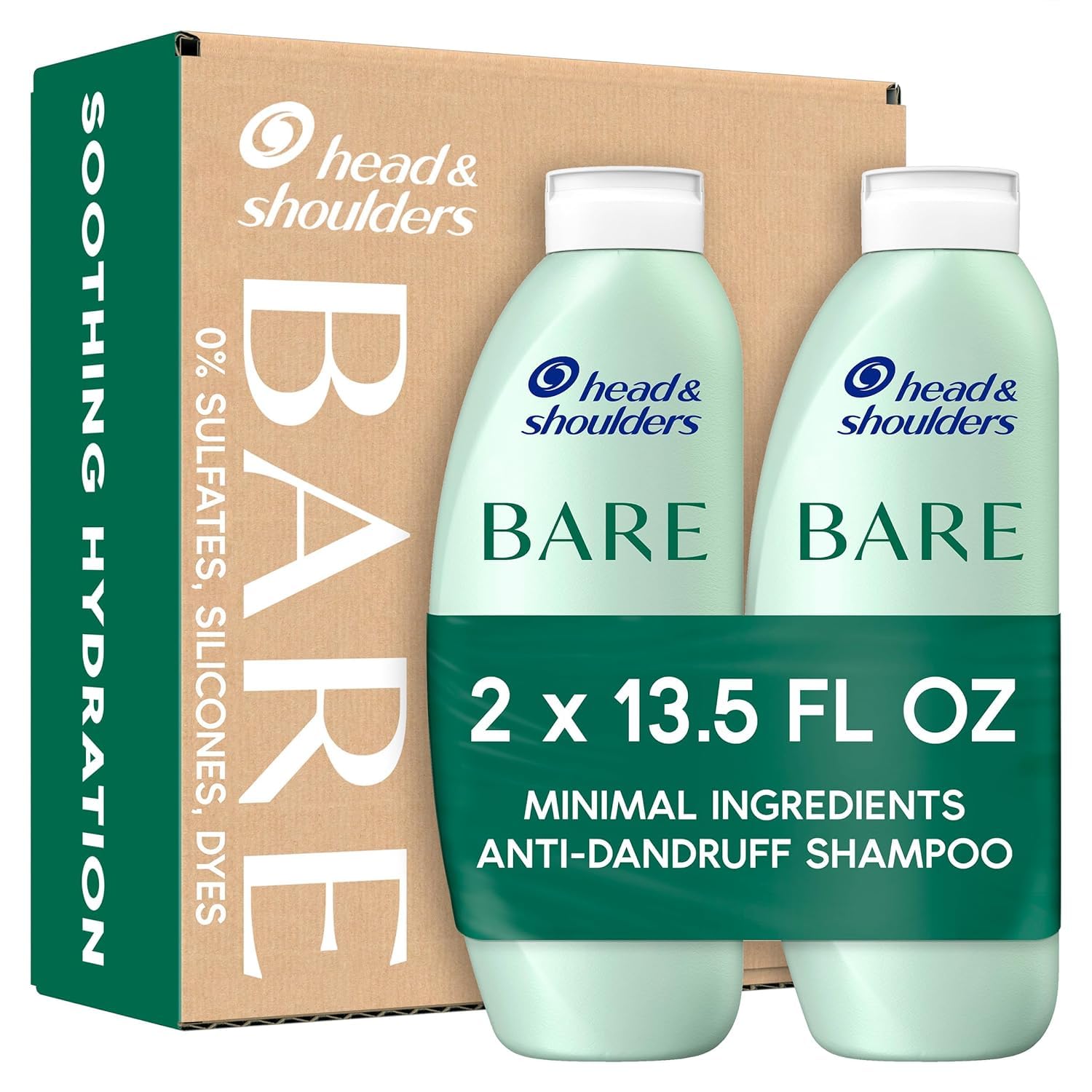 Head & Shoulders Bare Dandruff Shampoo, Sulfate Free Minimal Ingredients Anti Dandruff Shampoo, Soothing Hydration, Ecobottles With Less Plastic, Safe For All Hair Types, 13.5 Fl Oz Each, Twin Pack