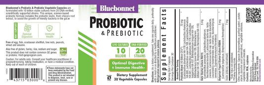 Bluebonnet Nutrition Probiotic & Prebiotic, 10 Billion Cfu, Supports Immune Health*, Aids In Digestive Health*, Gluten-Free, Non-Gmo, 30 Vegetable Capsules, 30 Servings : Health & Household