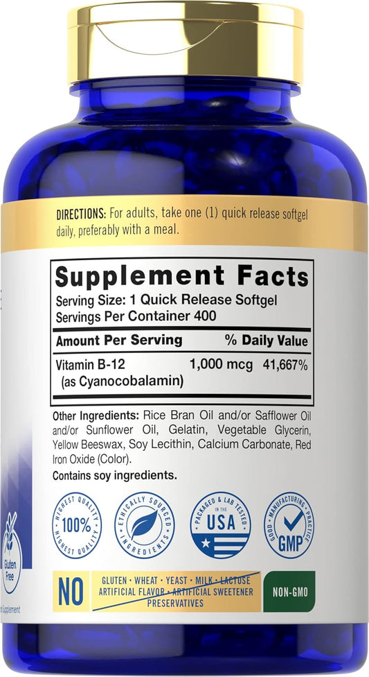 Carlyle Vitamin B-12 1000 Mcg | 400 Softgels | Absorbable Formula | Non-Gmo And Gluten Free Supplement