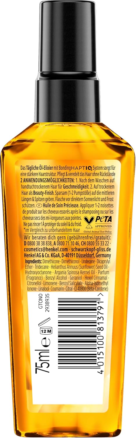 Gliss Kur Hair Oil Daily Oil Elixir (75 Ml), Hair Oil For Dry Hair Nourishes And Refines Hair Without Oily Residue, Contains Argan Oil And Vitamin E