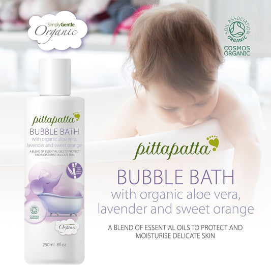 Pittapatta Organic Baby Bubble Bath Body Wash, By Simply Gentle - Moisturising Body Wash With Cleansing Agents - Baby-Safe With Lavender, Organic Aloe Vera & Sweet Orange - 250Ml