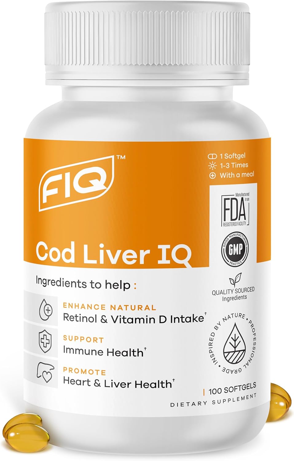Fiq - Cod Liver Iq - Cod Liver Oil Softgels - Natural Source Of Vitamins A & D And Omega-3 Fatty Acids - Heart, Liver & Immune Health - 100 Softgels