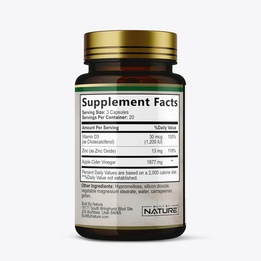 Built By Nature Apple Cider Vinegar Capsules 1877Mg With Vitamin D And Zinc – Immune & Digestion Support – Acetic Acid Acv Supplement For Men And Women - 60 Pills