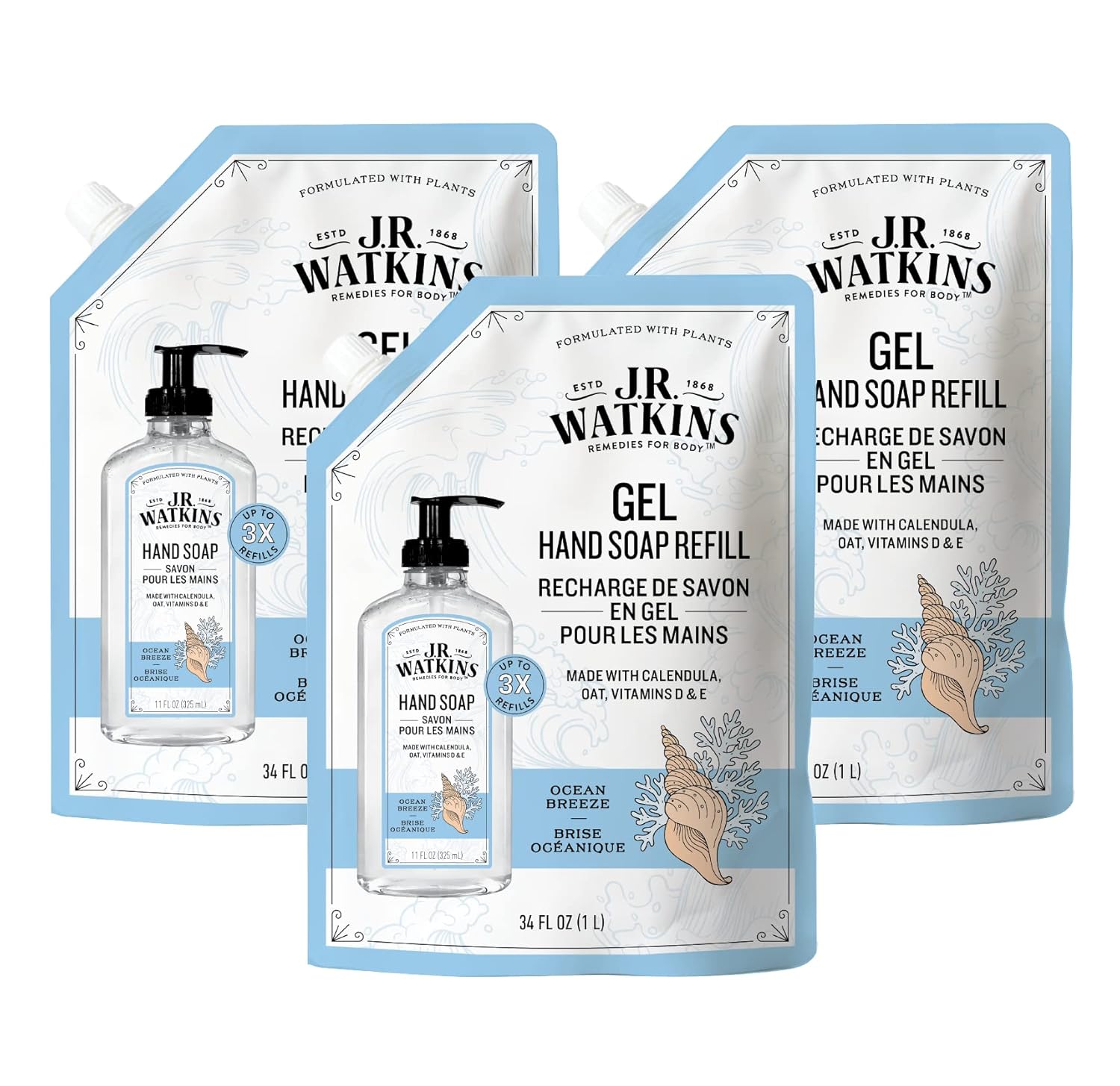 J.R. Watkins Gel Hand Soap Refill, Moisturizing Hand Wash, All Natural, Alcohol-Free, Cruelty-Free, Usa Made, Ocean Breeze, 34 Fl Oz, 3 Pack
