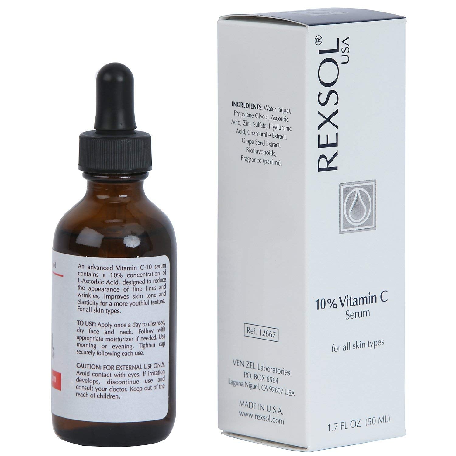 Rexsol 10% Vitamin C Serum Anti-Wrinkle Firming | With Hyaluronic Acid, Chamomile Extract & Grape Seed Extract | Prevent Photo-Aging | Provides Antioxidant Protection. (50 Ml / 1.7 Fl Oz) : Beauty & Personal Care