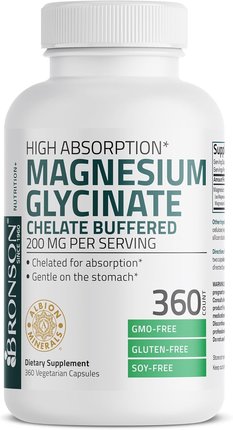Bronson Magnesium Glycinate 200 Mg Per Serving Chelated For High Absorption, Gentle On Stomach, Non-Gmo, 360 Vegetarian Capsules