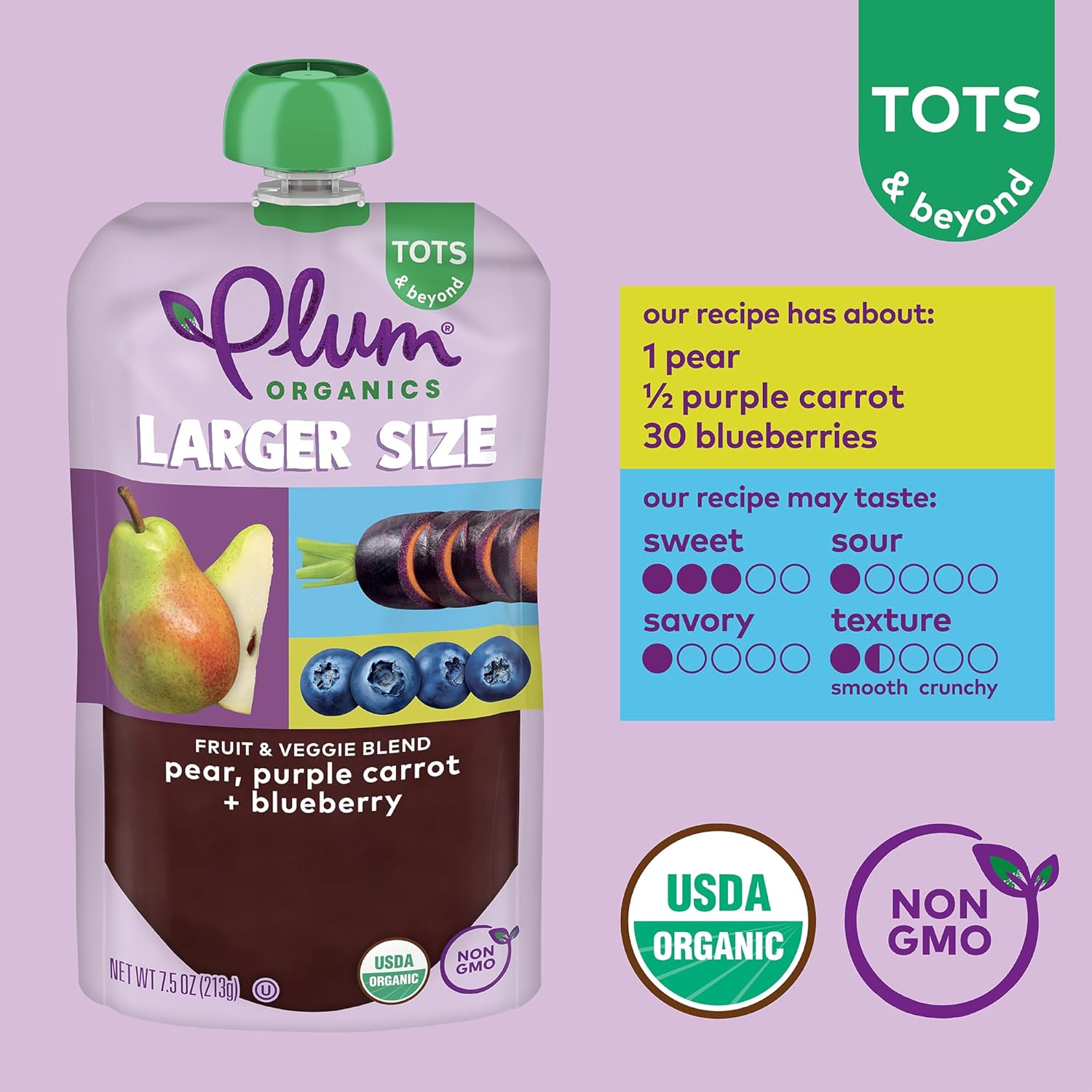 Plum Organics Tots & Beyond Pear Purple Carrot & Blueberry Fruit & Veggie Blend, Kosher, USDA Certified Organic, Non-GMO, 7.5 Ounce (Pack of 6) : Everything Else