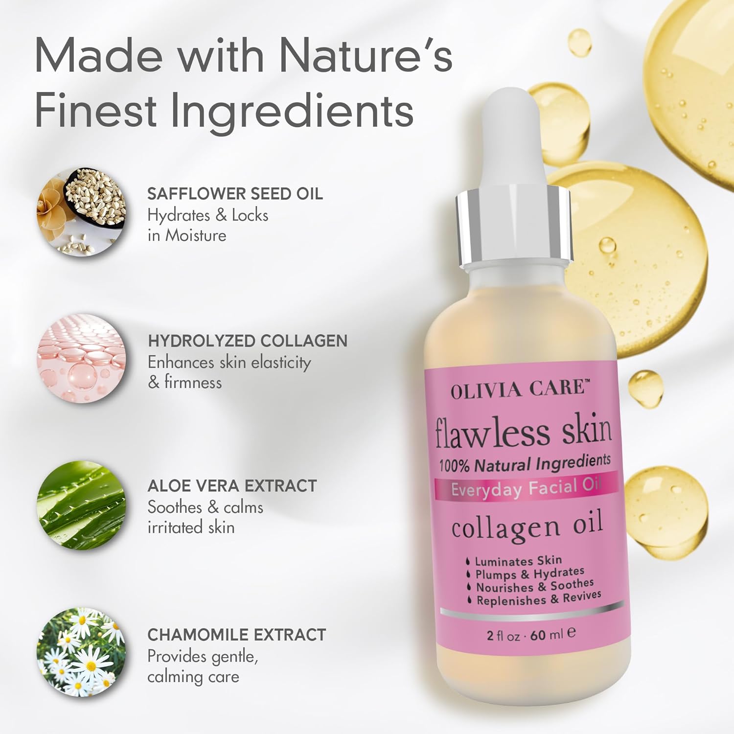 Olivia Care Collagen Facial Oil - Flawless Essential Facial Oil 100% Natural. Nourishing, Reviving & Hydrating Soothing - For All Skin Types - 2 Fl Oz (Collagen) : Beauty & Personal Care