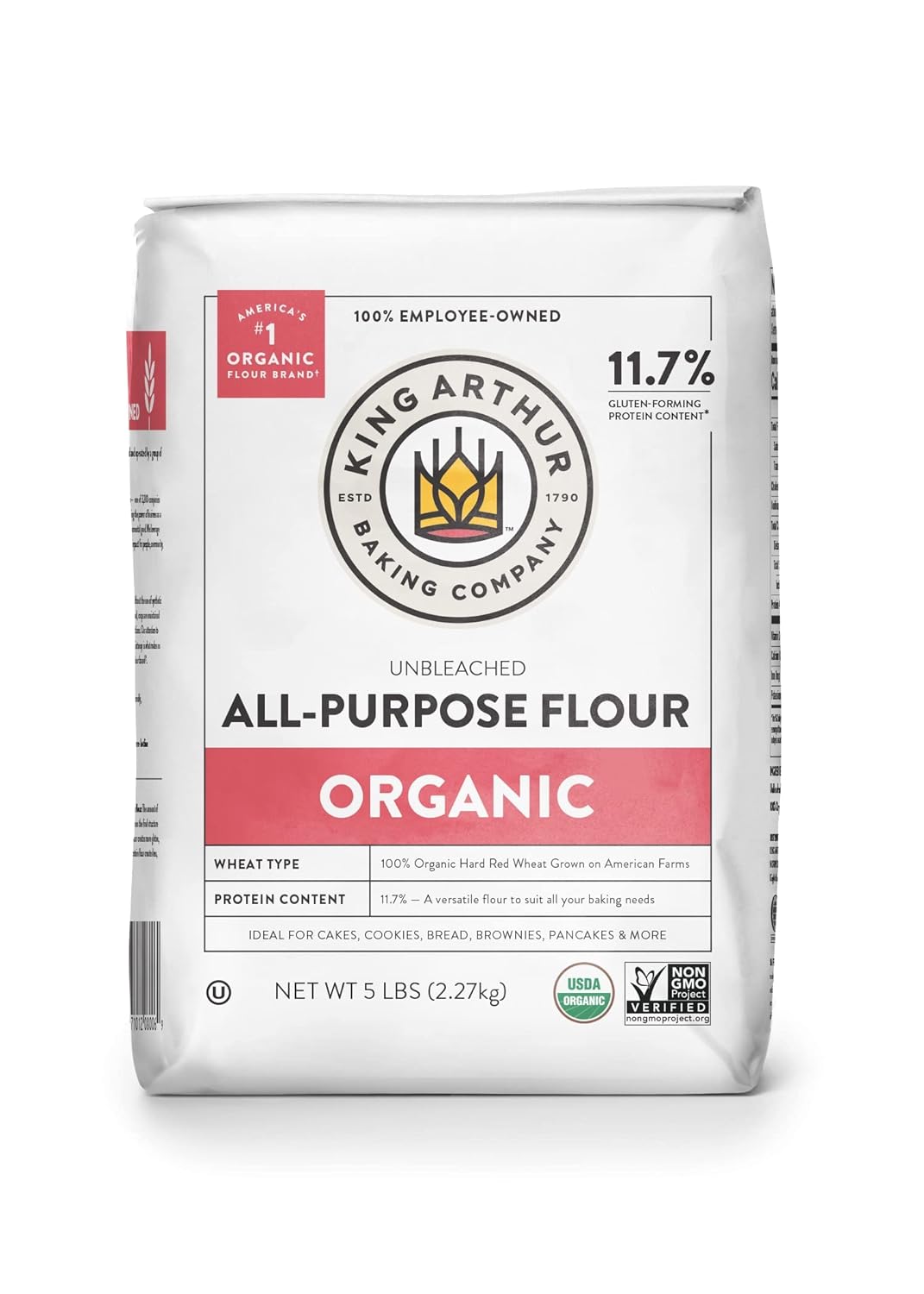 King Arthur, 100% Organic All-Purpose Flour Unbleached, Non-GMO Project Verified, No Preservatives, 5 Pounds (Pack of 6)