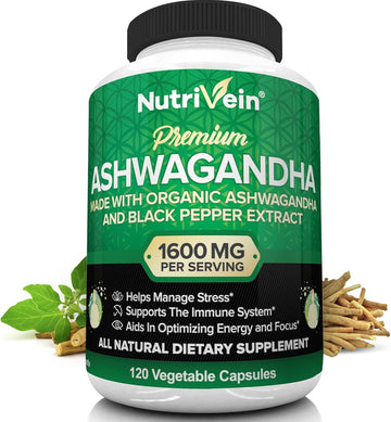 Nutrivein Organic Ashwagandha Capsules 1600Mg With Black Pepper Extract - 120 Vegan Pills - 100% Pure Root Powder Supplement - Supports Stress Relief, Immune, Energy, Stamina & Mood