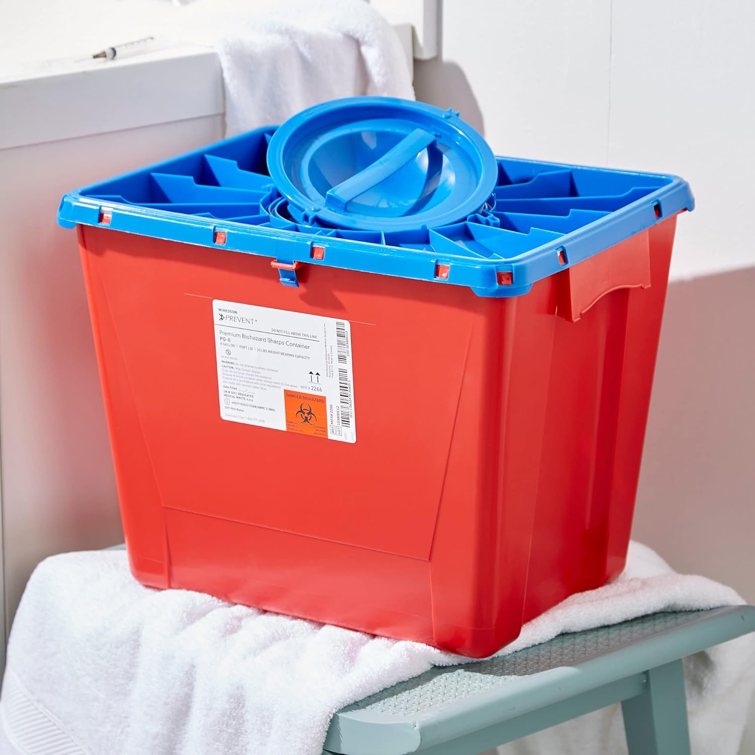 McKesson Prevent Biohazard Infectious Waste Sharps Container, Premium - PG-II, Plastic, Vertical Entry, Rotating Lid - Red, 8 gal, 13 in x 17 3/10 in x 13 1/2 in, 1 Count : Health & Household