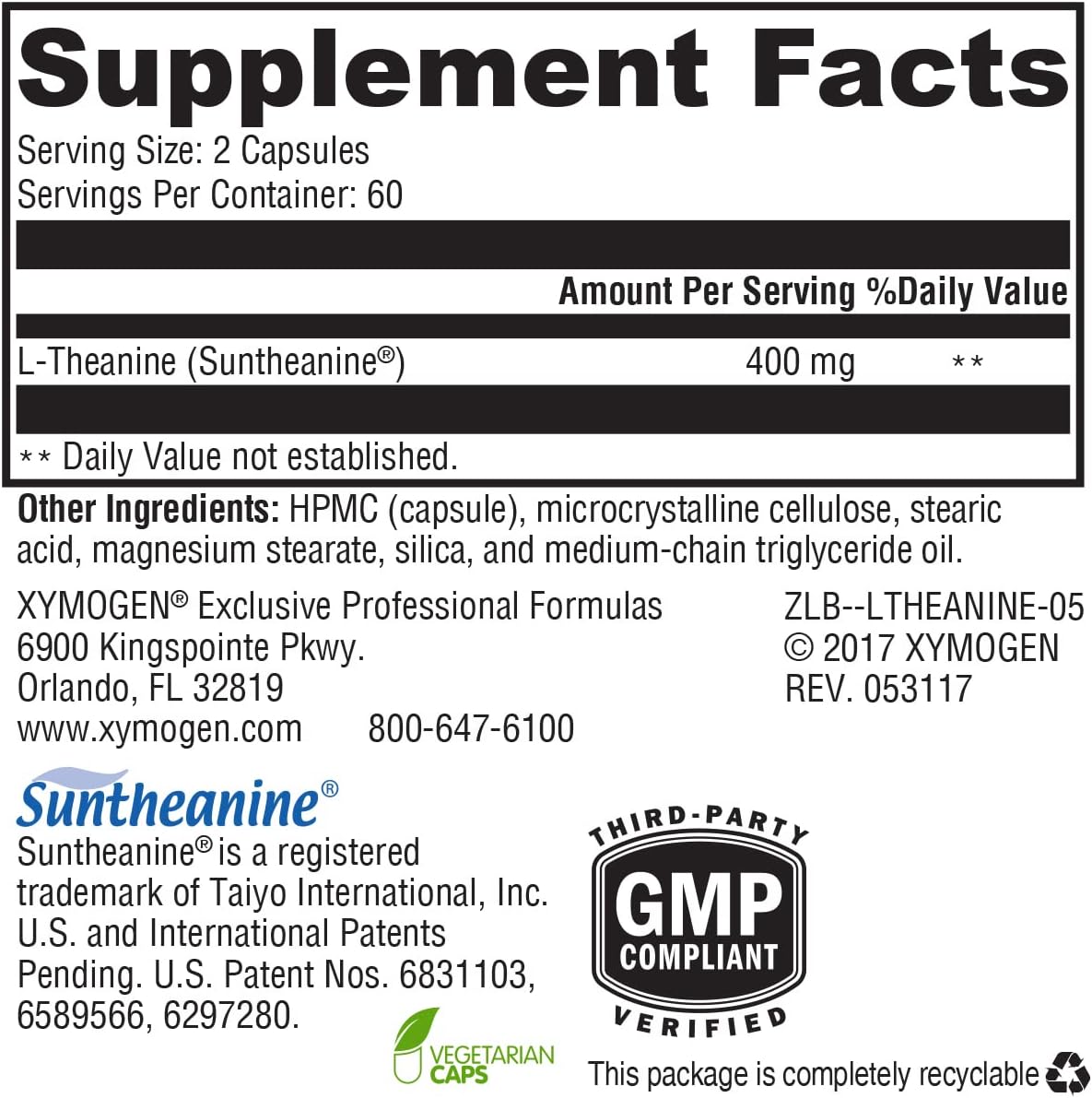 XYMOGEN L-Theanine - Patented Suntheanine L theanine 400mg Per Serving