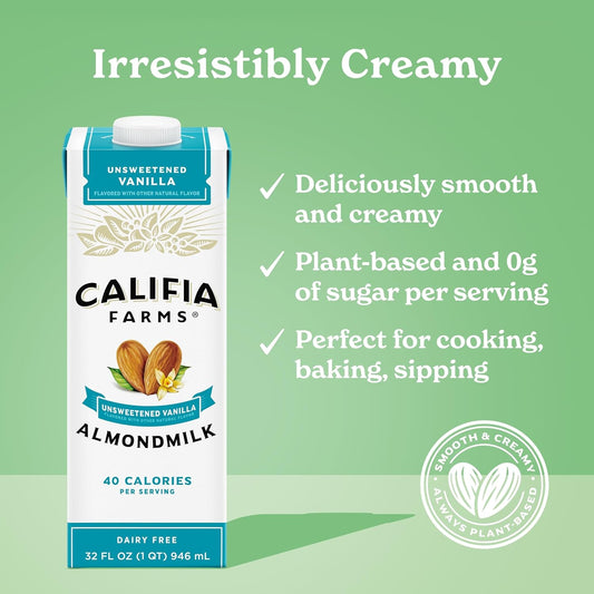 Califia Farms - Unsweetened Vanilla Almond Milk, 32 Oz (Pack Of 6), Dairy Free, Vegan, Plant Based, Keto, Shelf Stable, Vegan, Gluten Free, Non Gmo, Sugar Free, High Calcium, Smoothie