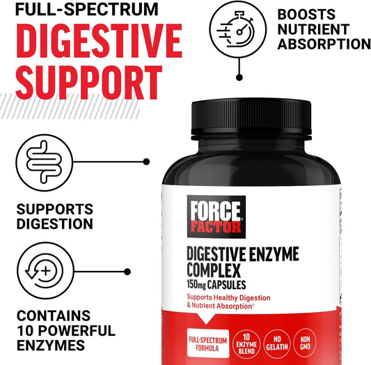 FORCE FACTOR Digestive Enzymes Complex to Support Digestive Health, Gut Health, and Provide Bloating Relief for Women and Men, Full-Spectrum 10 Digestive Enzymes, Non-GMO, 90 Capsules