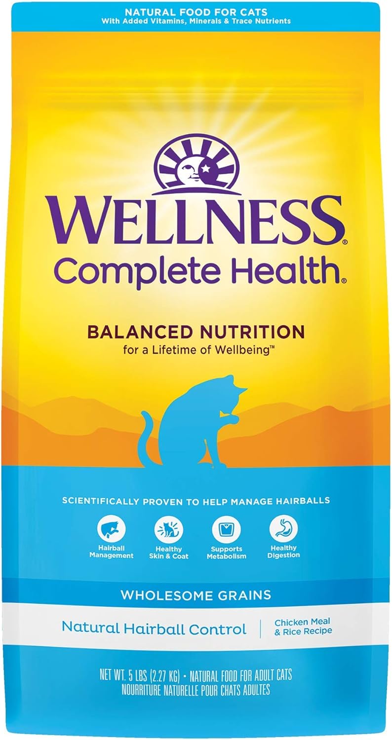 Wellness Complete Health Natural Hairball Control Chicken Meal & Rice Recipe Dry Cat Food, 5 Pound Bag