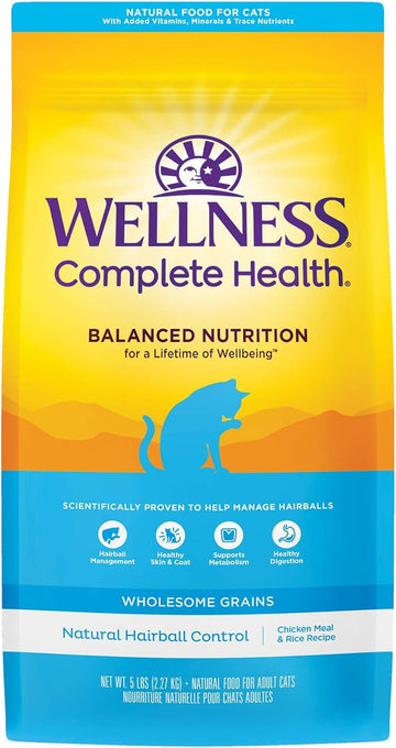 Wellness Complete Health Natural Hairball Control Chicken Meal & Rice Recipe Dry Cat Food, 5 Pound Bag