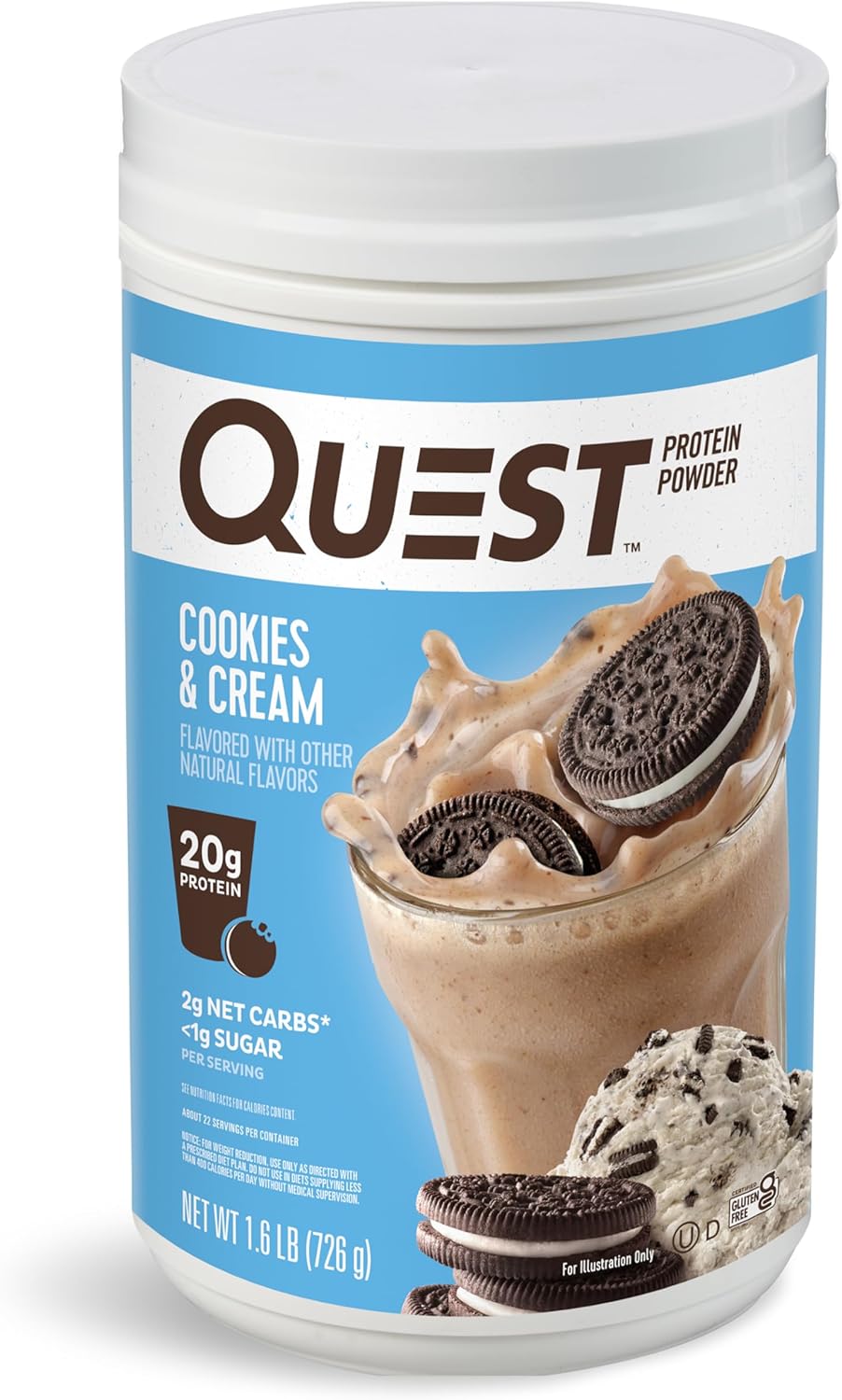 Quest Nutrition Cookies & Cream Protein Powder; 20G Protein; 1G Sugar; Low Carb; Gluten Free; 1.6 Pound; 22 Servings