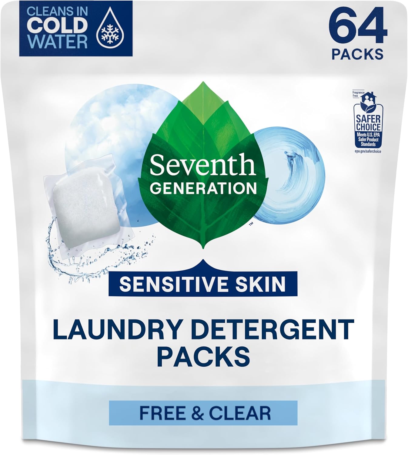 Seventh Generation Laundry Detergent Packs, Free & Clear, Made For Sensitive Skin, Epa Safer Choice Certified, 64 Count