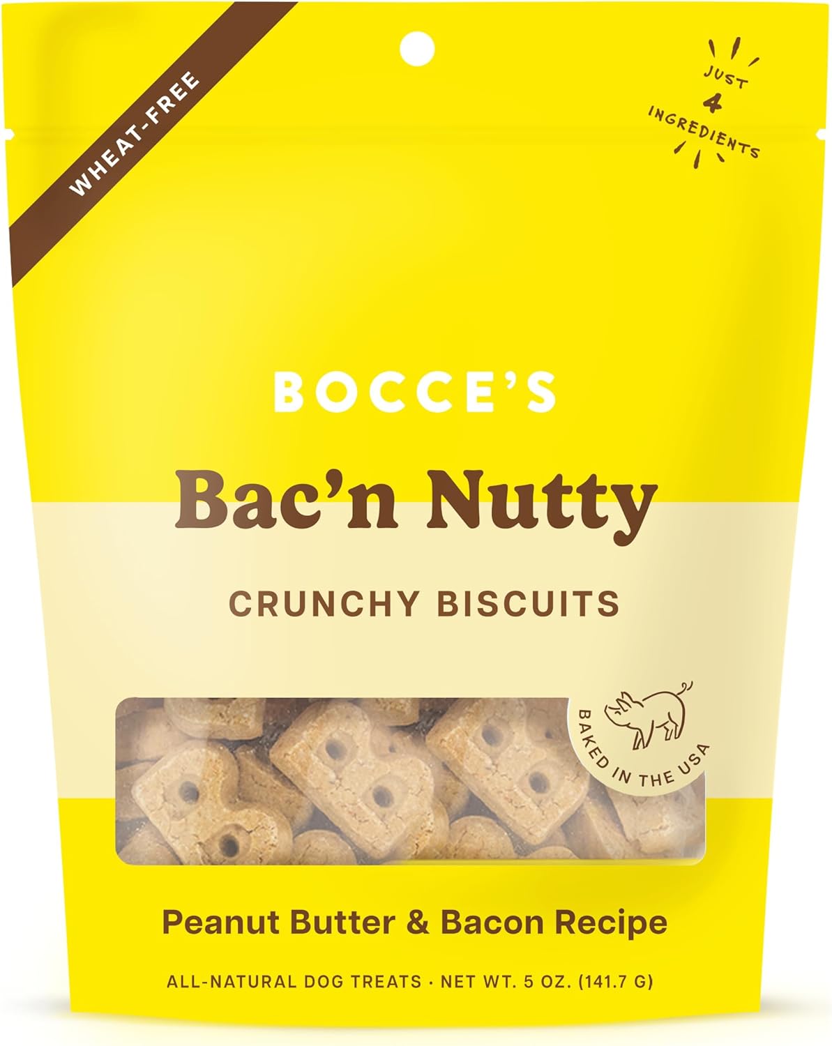 Bocce'S Bakery Oven Baked Bac'N Nutty Treats For Dogs, Everyday Wheat-Free Dog Treats, Made With Real Ingredients, Baked In The Usa, All-Natural Pb & Bacon Biscuits, 5 Oz